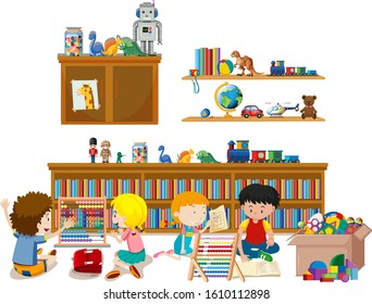 Shelf full of books and toys on white background illustration