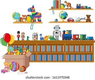 Shelf full of books and toys on white background illustration