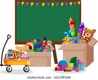 Shelf full of books and toys on white background illustration