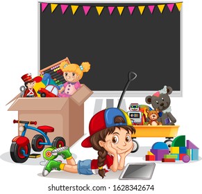 Shelf full of books and toys on white background illustration