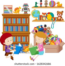 Shelf full of books and toys on white background illustration