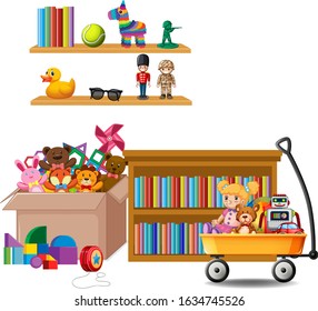 Shelf full of books and toys on white background illustration