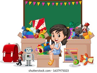 Shelf full of books and toys on white background illustration
