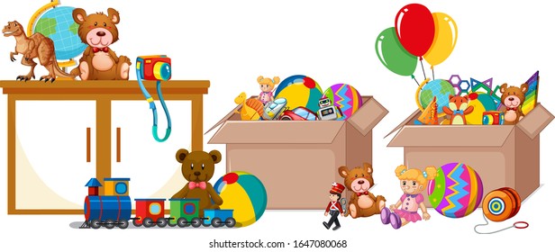 Shelf full of books and toys on white background illustration