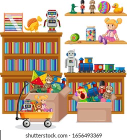 Shelf full of books and toys on white background illustration