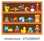 A shelf full of toys including a teddy bear, a car, a train, and a boat