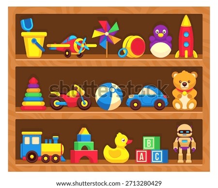 A shelf full of toys including a teddy bear, a car, a train, and a boat