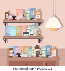 shelf and furniture full of skincare products vector illustration design