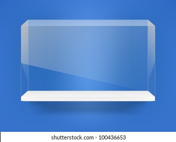 Shelf with glass showcase on blue wall