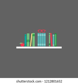Shelf with green and turquoise books, apple and glasses on grey.  Vector flat illustration. Flat reading icon. Vector illustration. Education logo.  Library card. Background for text