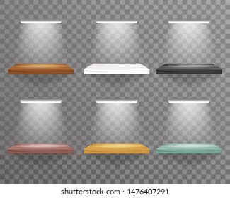 Shelf hanging on wall with lighting lamp decoration transparent background realistic 3d design vector illustration