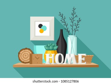 Shelf with home decor. Vase, picture and plant. Illustration in flat style.