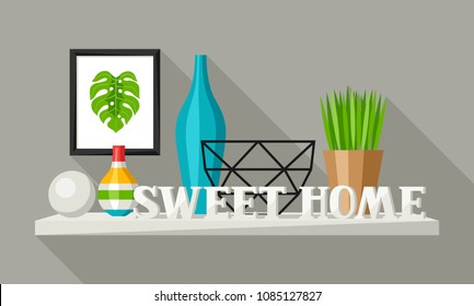 Shelf with home decor. Vase, picture and plant. Illustration in flat style.