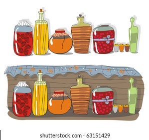 Shelf with homemade jam and spices