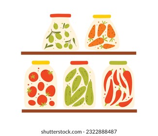 Estante con pepinillos caseros. Bandeja con jarras de verduras enlatadas. Ilustración vectorial. Estilo plano.