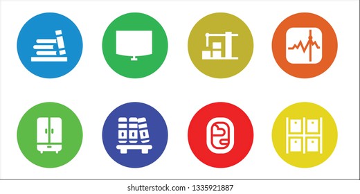 shelf icon set. 8 filled shelf icons.  Collection Of - Bookshelf, Wardrobe, Night stand, Warehouse, Window, Stocks