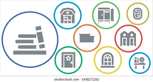 shelf icon set. 9 filled shelf icons.  Collection Of - Bookshelf, Warehouse, Wardrobe, Dressing room, Window