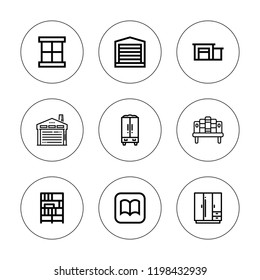 Shelf icon set. collection of 9 outline shelf icons with bookcase, ibooks, wardrobe, warehouse icons. editable icons.