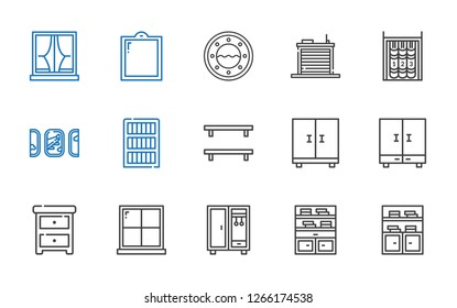 shelf icons set. Collection of shelf with bookshelf, closet, window, nightstand, bookcase, windows, warehouse. Editable and scalable shelf icons.