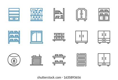 shelf icons set. Collection of shelf with closet, bookcase, bookshelf, warehouse, billiard, stock, window, wardrobe. Editable and scalable shelf icons.