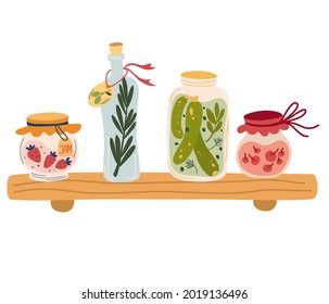 Shelf with jam and various jars. Glass jars with compotes, pickles, jam and olive oil. Concept of harvesting vegetables and fruits for the winter. Homemade preserves. Canned food. Vector illustration 