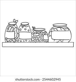 shelf with jars of jam hand-drawn doodles linear vector illustration