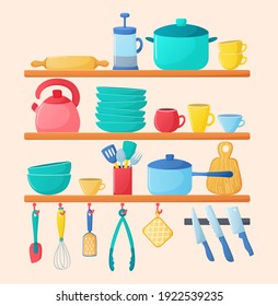 Shelf with kitchen utensils in flat style. Vector set of kitchen tools on the shelf. Cartoon household illustration design
