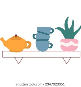 Shelf with kitchen utensils and flower vector icon