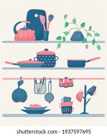 Schrank mit Küchenutensilien. Vektorfarbige Illustration mit strukturiertem Hintergrund.