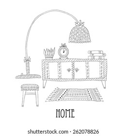 Shelf and lamp -  interior decoration. Set of design elements
