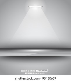 Shelf with a LED spotlight with delicate look on a grey gradient wallpaper. Shadows are transparent.