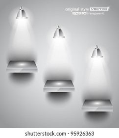 Shelf with LED spotlights with delicate look on a grey gradeientwallpaper. Shadows are transparent.