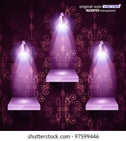 Schelf mit LED-Scheinwerfern mit feiner Optik auf einem grauen grauen Hintergrund. Schatten sind transparent.