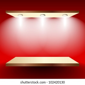 Shelf with lights  on red wall