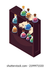 shelf with magic potions for halloween, isometric