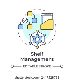 Shelf management multi color concept icon. Book maintenance, inventory processes. Round shape line illustration. Abstract idea. Graphic design. Easy to use in infographic, blog post