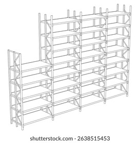 A shelf with many shelves is shown in a drawing. The shelves are white and the image is in black and white