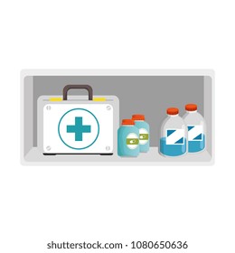 shelf with medical kit and bottles drugs