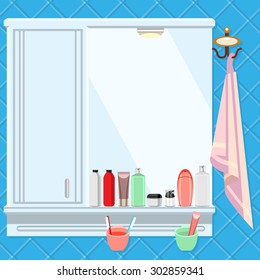 Shelf with a mirror in the bathroom. All washing and brushing.