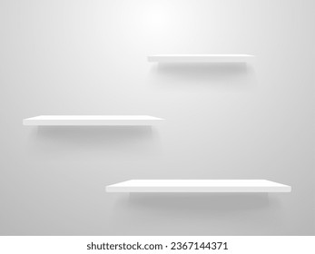 Shelf mockup. White bookshelf design. Empty shelves on white wall. Interior elements with soft spotlight. Showcase blank with shadow. Product presentation. Vector illustration.