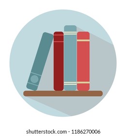 Shelf with multi-colored books in a flat style with shadow.Textbooks without signatures of calm light shades on a blue background with a white frame. Red, burgundy, blue, cyan