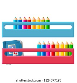 Shelf for multicolored pencils isolated on white background. Vector cartoon close-up illustration.