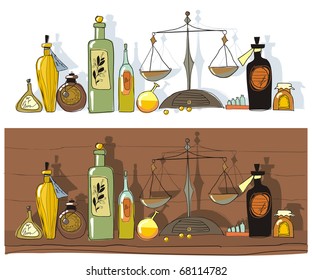 Shelf of the old druggist with medicines and chemist's scales