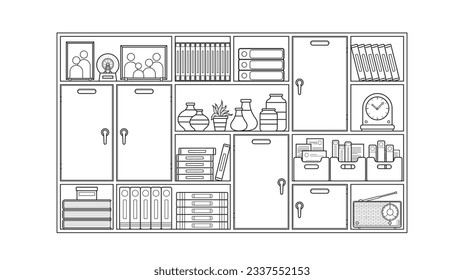 shelf outline illustration. Book shelf. Vector illustration. isolated on white background. Hand drawn sketch of shelves. Home Interior design elements. Interior furniture. Simple bookshelf. wall shelf