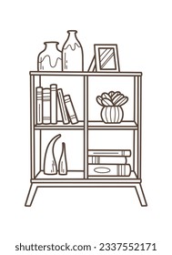 shelf outline illustration. Book shelf. Vector illustration. isolated on white background. Hand drawn sketch of shelves. Home Interior design elements. Interior furniture. Simple bookshelf. wall shelf