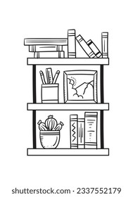 ilustración del contorno del estante. Estante del libro. Ilustración vectorial. aislado de fondo blanco. Esbozo dibujado a mano de estantes. Elementos de diseño del interior del hogar. Mobiliario interior. Simple estantería. estante de pared