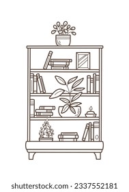 ilustración del contorno del estante. Estante del libro. Ilustración vectorial. aislado de fondo blanco. Esbozo dibujado a mano de estantes. Elementos de diseño del interior del hogar. Mobiliario interior. Simple estantería. estante de pared