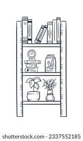 shelf outline illustration. Book shelf. Vector illustration. isolated on white background. Hand drawn sketch of shelves. Home Interior design elements. Interior furniture. Simple bookshelf. wall shelf