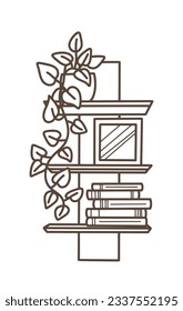 ilustración del contorno del estante. Estante del libro. Ilustración vectorial. aislado de fondo blanco. Esbozo dibujado a mano de estantes. Elementos de diseño del interior del hogar. Mobiliario interior. Simple estantería. estante de pared
