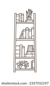 ilustración del contorno del estante. Estante del libro. Ilustración vectorial. aislado de fondo blanco. Esbozo dibujado a mano de estantes. Elementos de diseño del interior del hogar. Mobiliario interior. Simple estantería. estante de pared